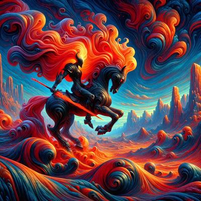 The primary subject of the image is a man riding a horse. The man is wearing a suit and holding a sword, giving the scene a dramatic and adventurous feel. The setting is a red and orange landscape, which adds to the vibrant and intense atmosphere of the image. The visual style is a digital art or illustration, with a focus on the intricate details of the man, horse, and sword. The colors and mood of the image are dominated by the bold and warm hues of the